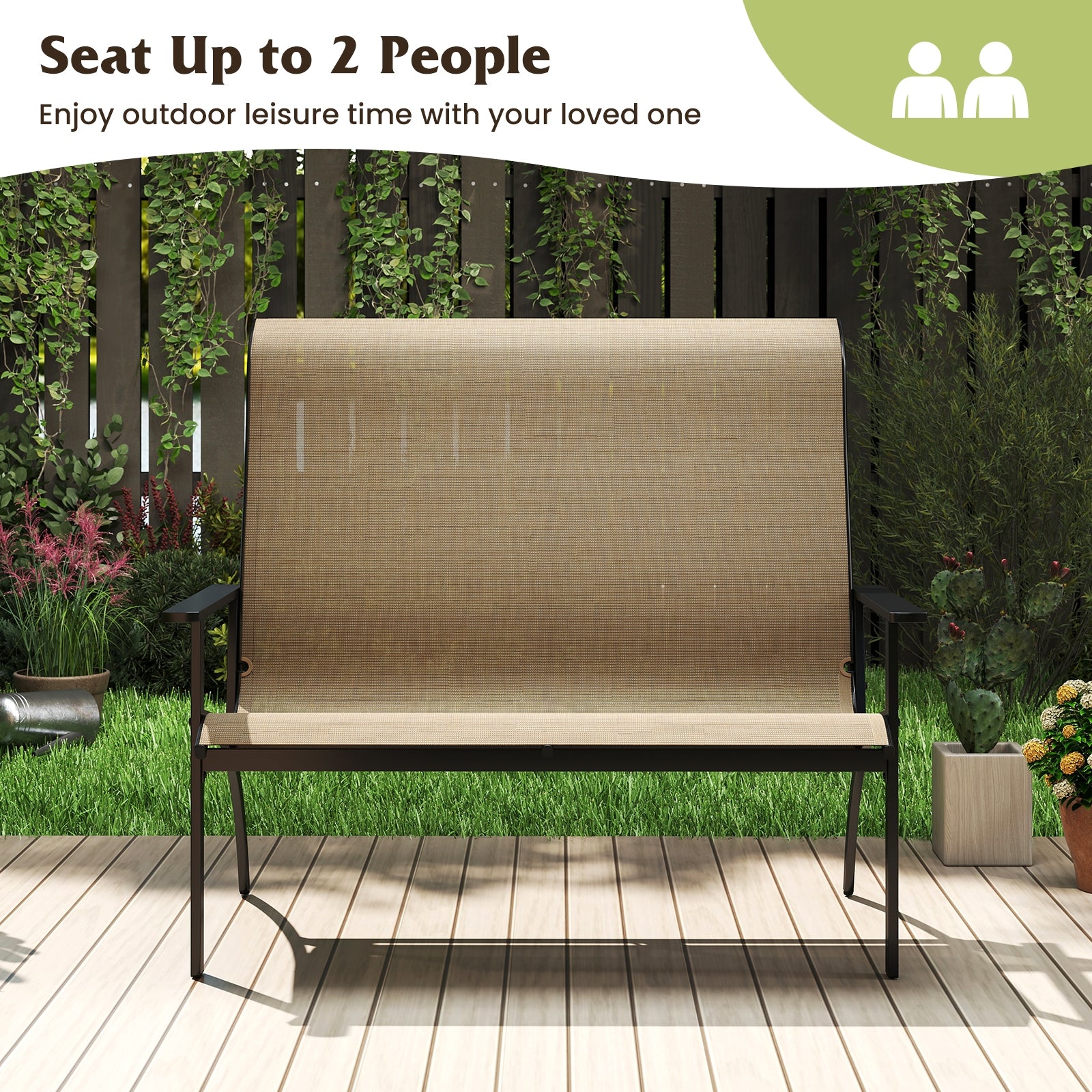 2-Person Patio Garden Bench with High Back and Armrests, Coffee Outdoor Benches at Gallery Canada