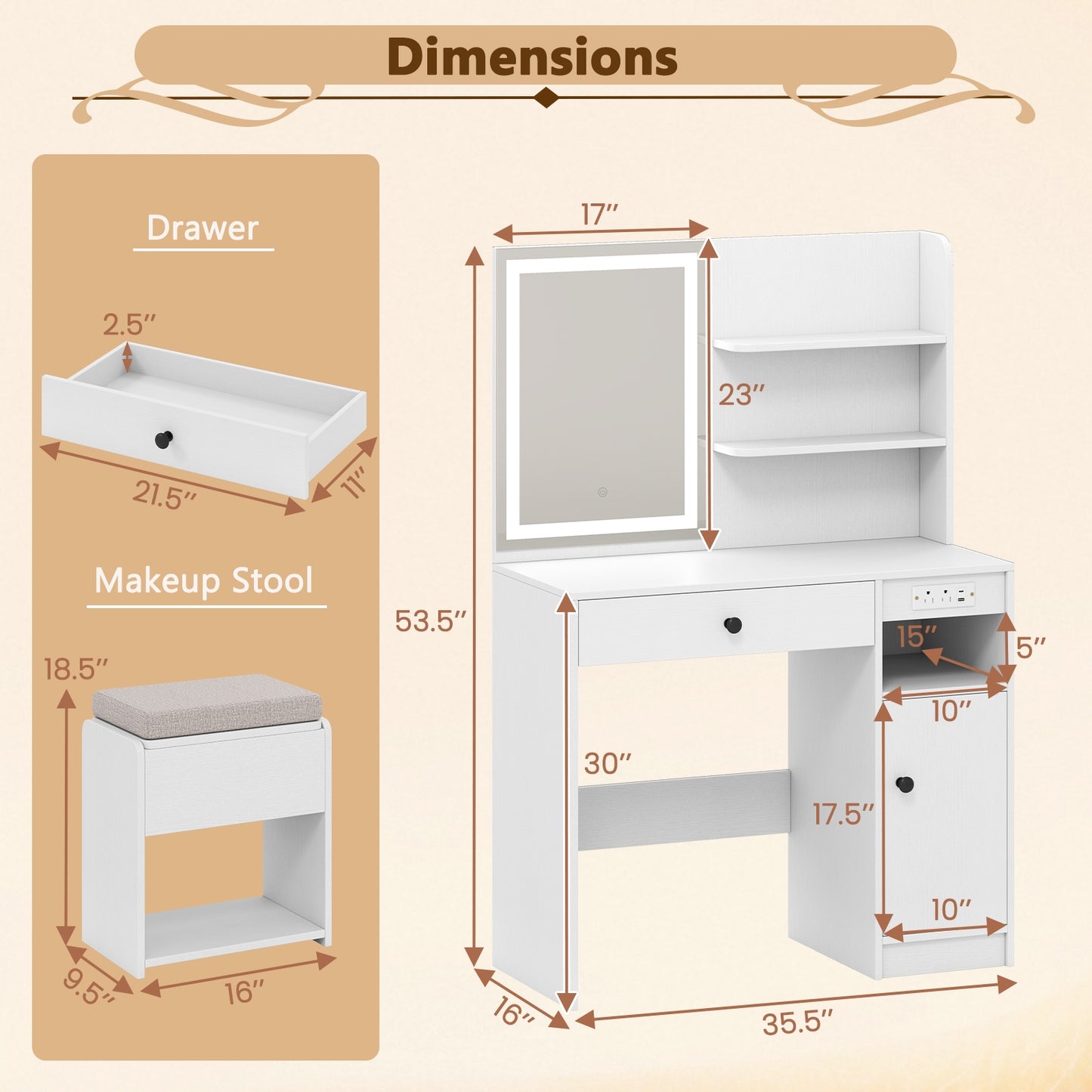 Vanity Desk with Mirror and Lights, White Makeup Vanities at Gallery Canada
