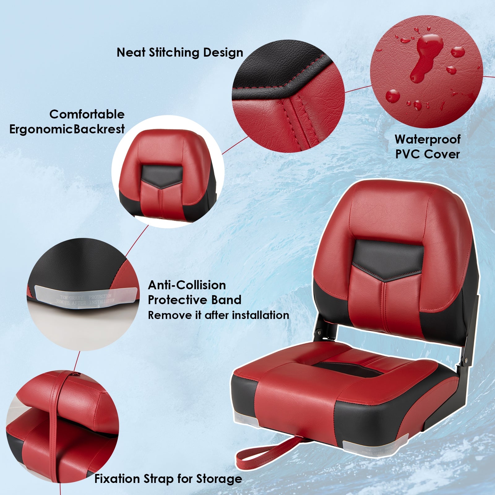 Set of 2 Folding Low Back Fishing Boat Seats with Stainless Steel Screws, Red Swimming at Gallery Canada