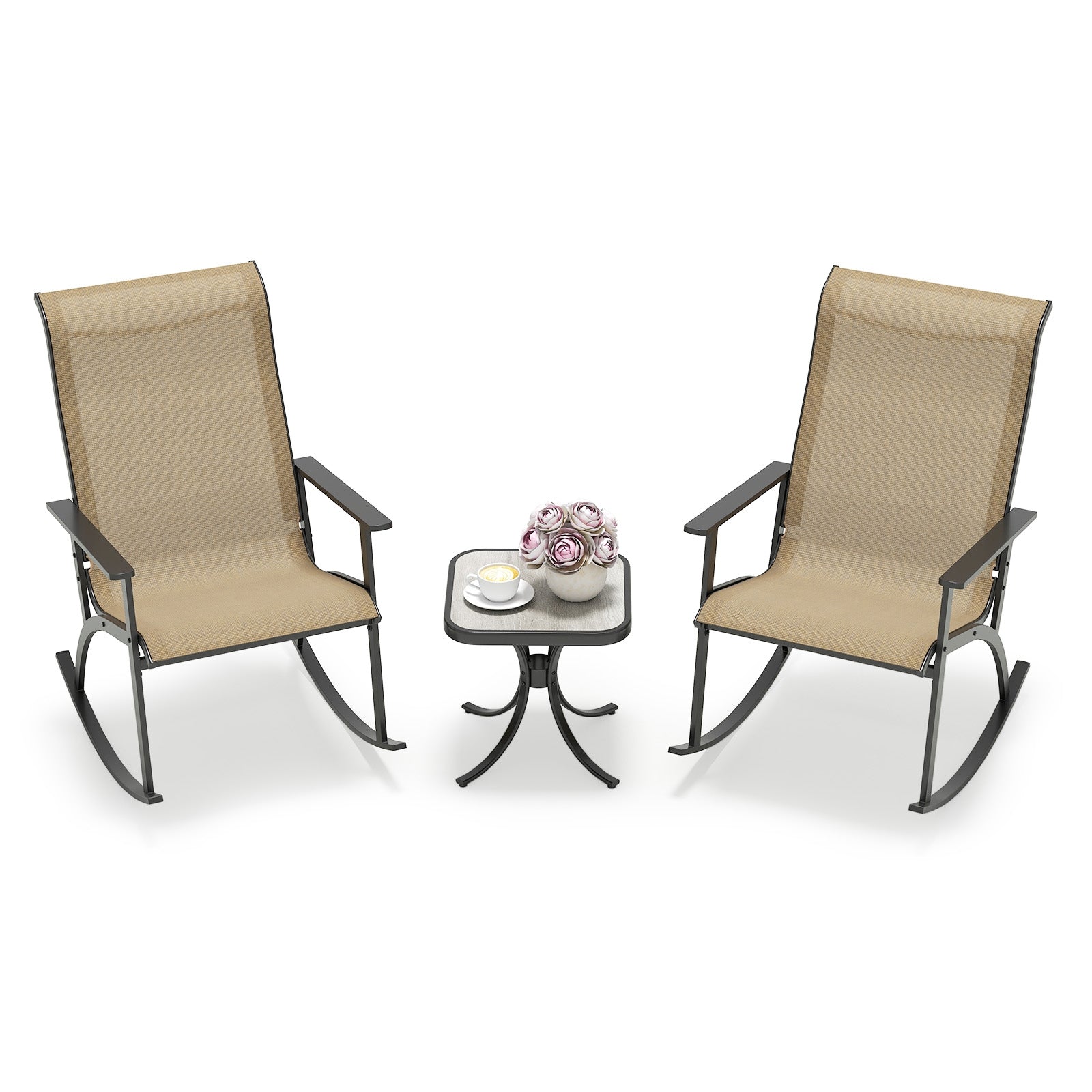 Heavy-Duty Rocking Bistro Chairs and Table Set with High Backrest and Wood-Plastic Tabletop, Brown Patio Conversation Sets Brown at Gallery Canada