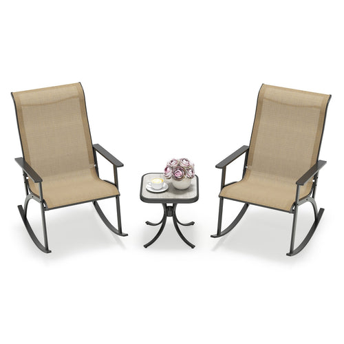 Heavy-Duty Rocking Bistro Set, High Backrest, Wood-Plastic Tabletop, Brown