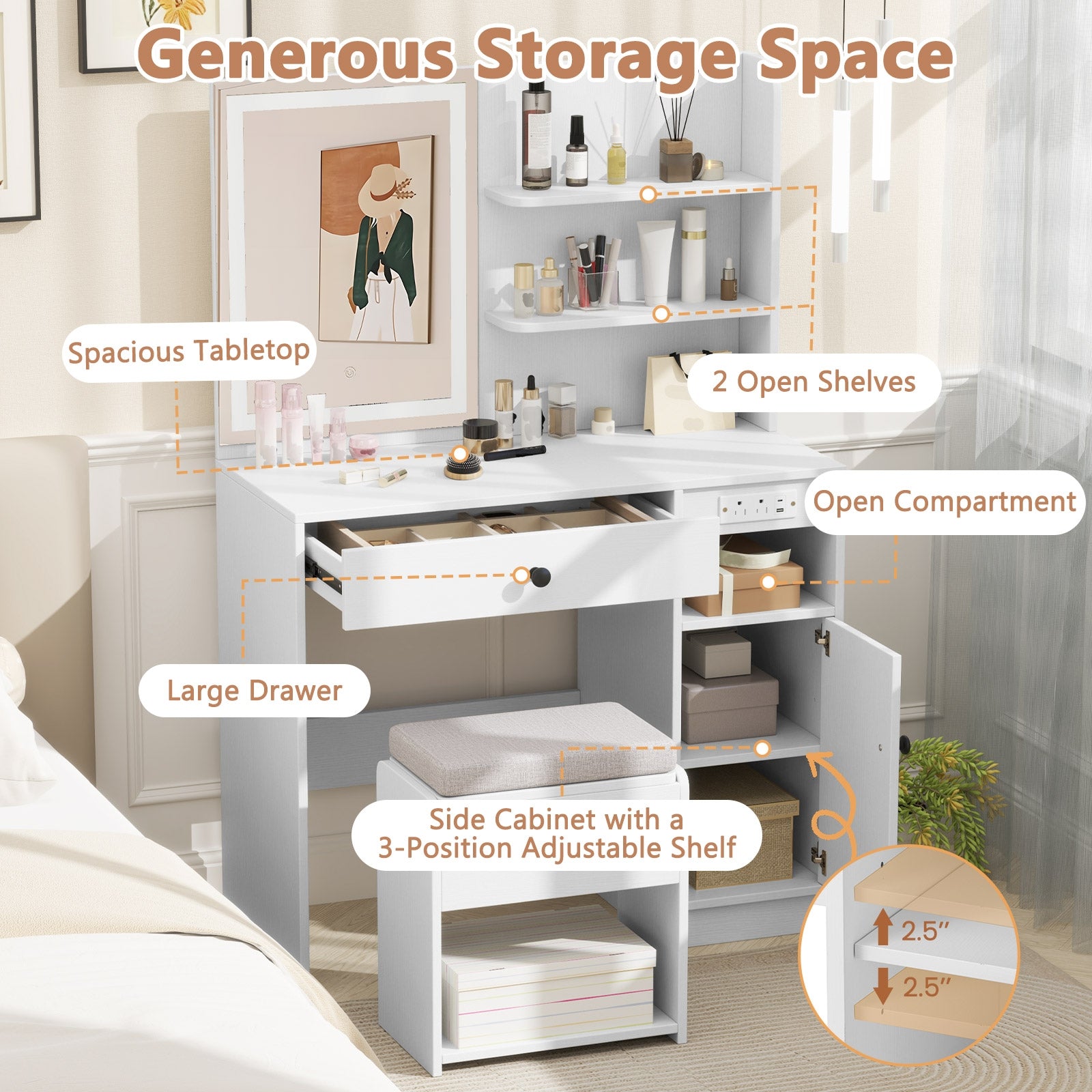 Vanity Desk with Mirror and Lights, White Makeup Vanities at Gallery Canada