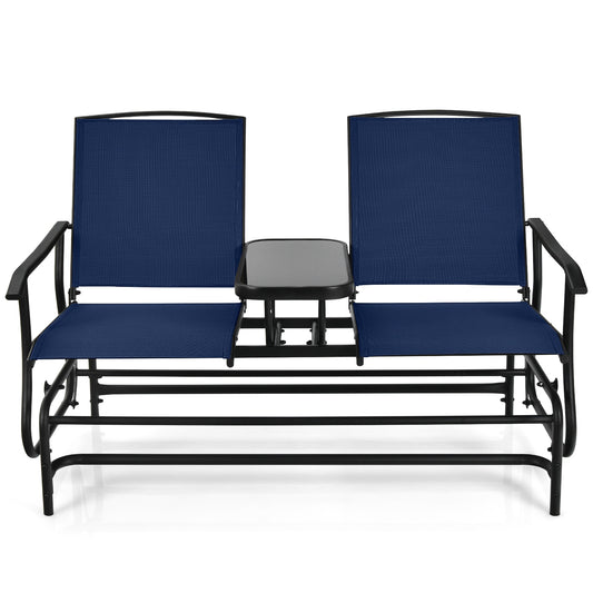 2-Person Double Rocking Loveseat, Mesh Fabric, Tempered Glass Table, Navy