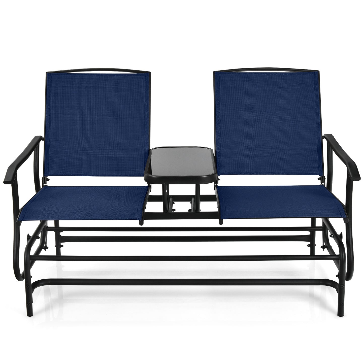 2-Person Double Rocking Loveseat, Mesh Fabric, Tempered Glass Table, Navy Patio Conversation Sets at Gallery Canada