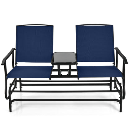 2-Person Double Rocking Loveseat, Mesh Fabric, Tempered Glass Table, Navy Patio Conversation Sets at Gallery Canada