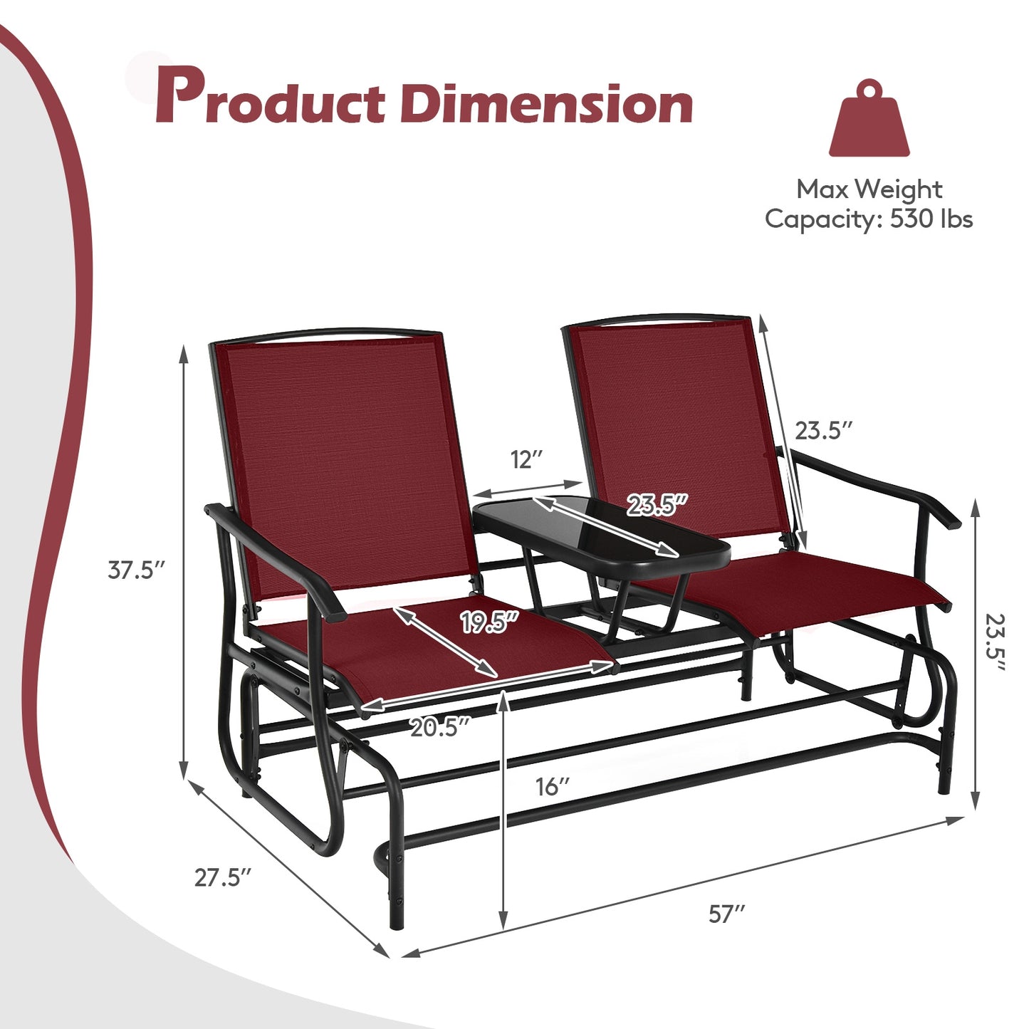 2-Person Double Rocking Loveseat with Mesh Fabric and Center Tempered Glass Table, Red Patio Conversation Sets at Gallery Canada