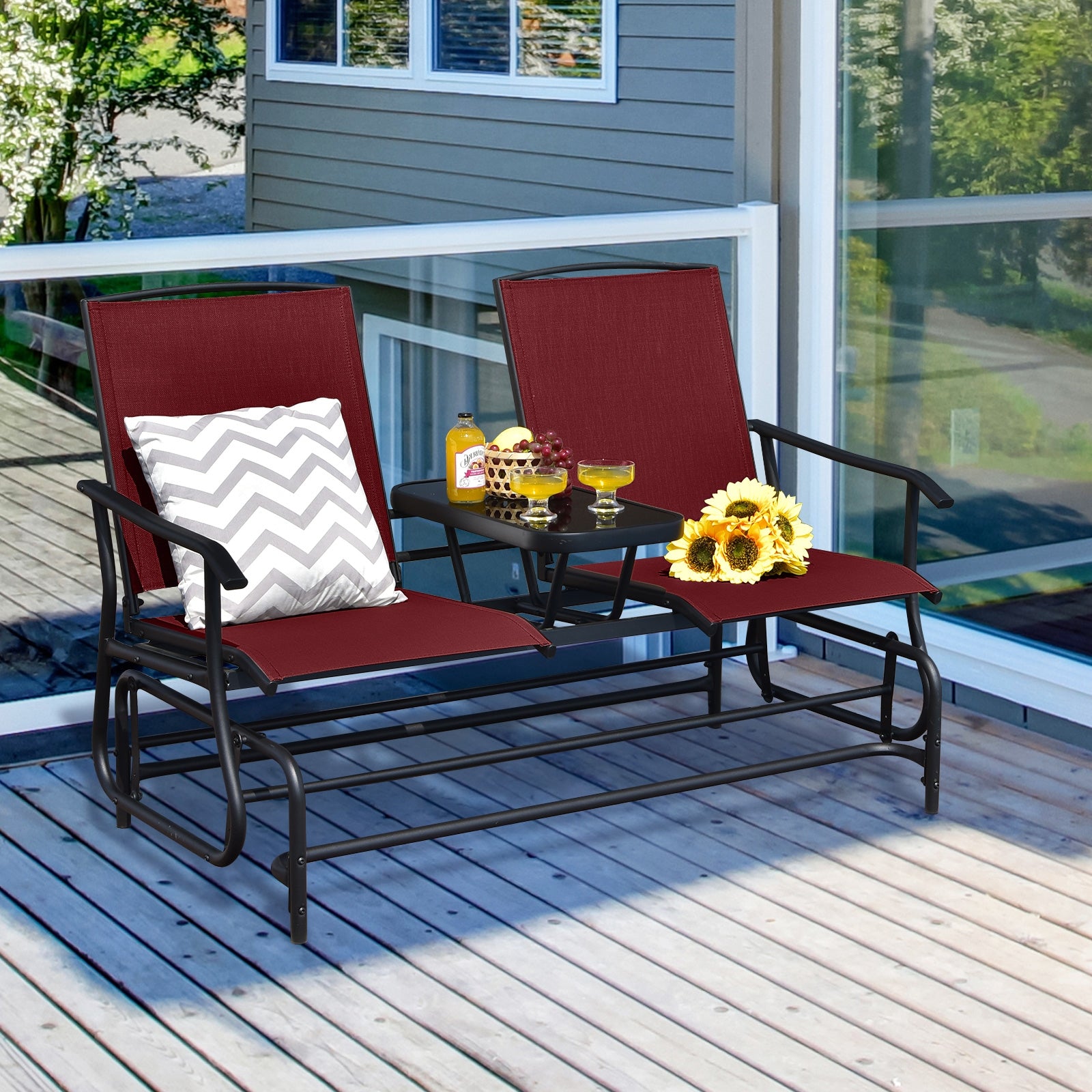 2-Person Double Rocking Loveseat with Mesh Fabric and Center Tempered Glass Table, Red Patio Conversation Sets at Gallery Canada