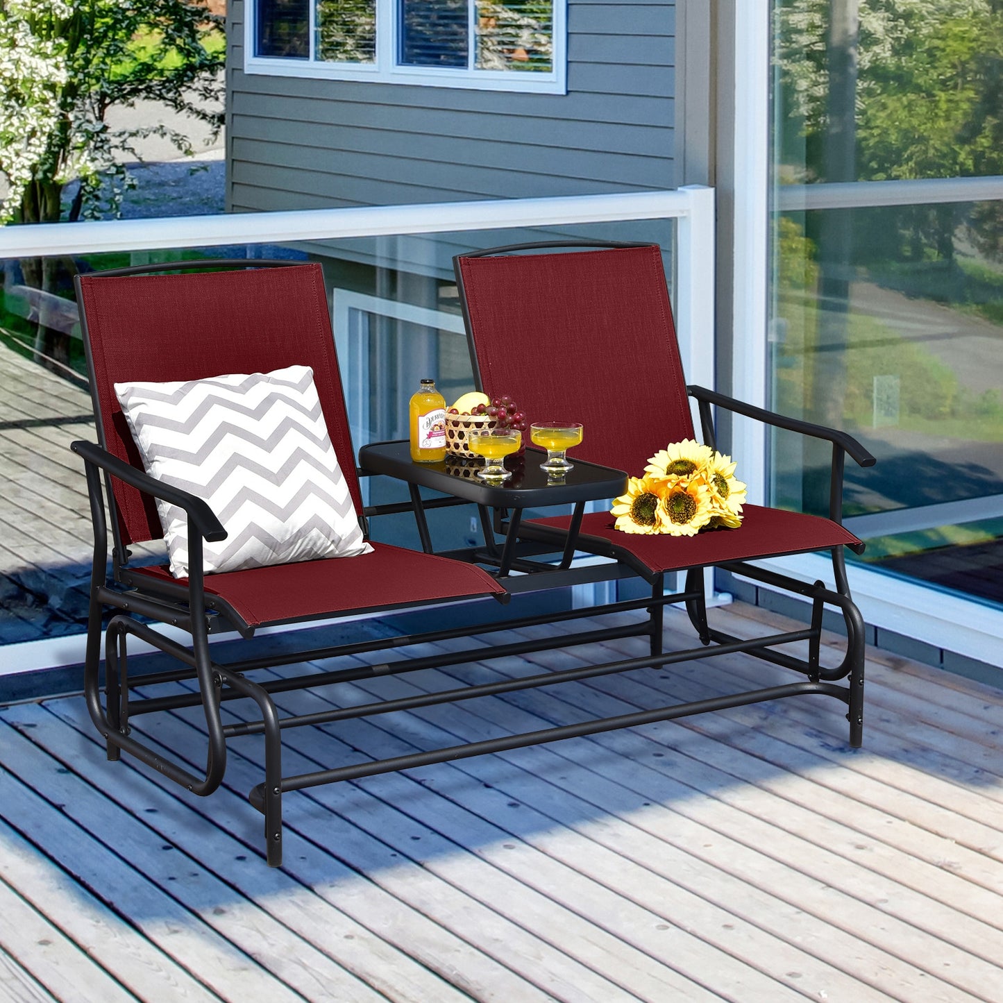 2-Person Double Rocking Loveseat with Mesh Fabric and Center Tempered Glass Table, Red Patio Conversation Sets at Gallery Canada