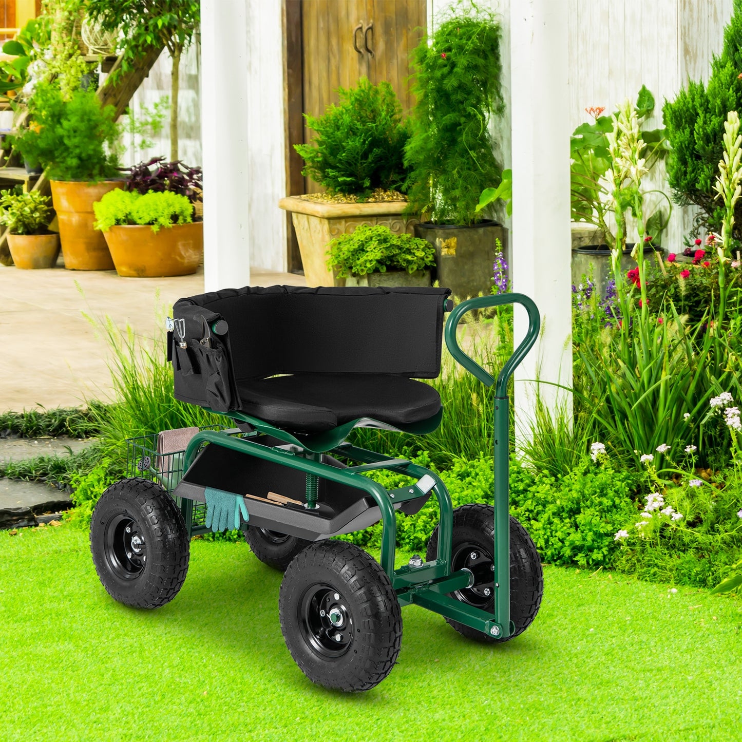 Cushioned Rolling Garden Cart Scooter with Storage Basket and Tool Pouch, Green Garden Carts at Gallery Canada