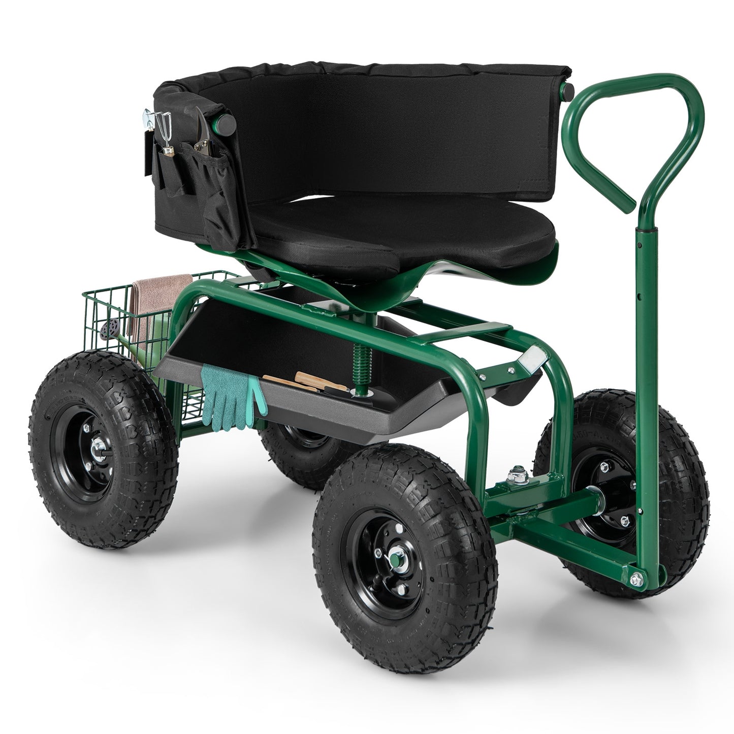 Cushioned Rolling Garden Cart Scooter with Storage Basket and Tool Pouch, Green Garden Carts Green at Gallery Canada