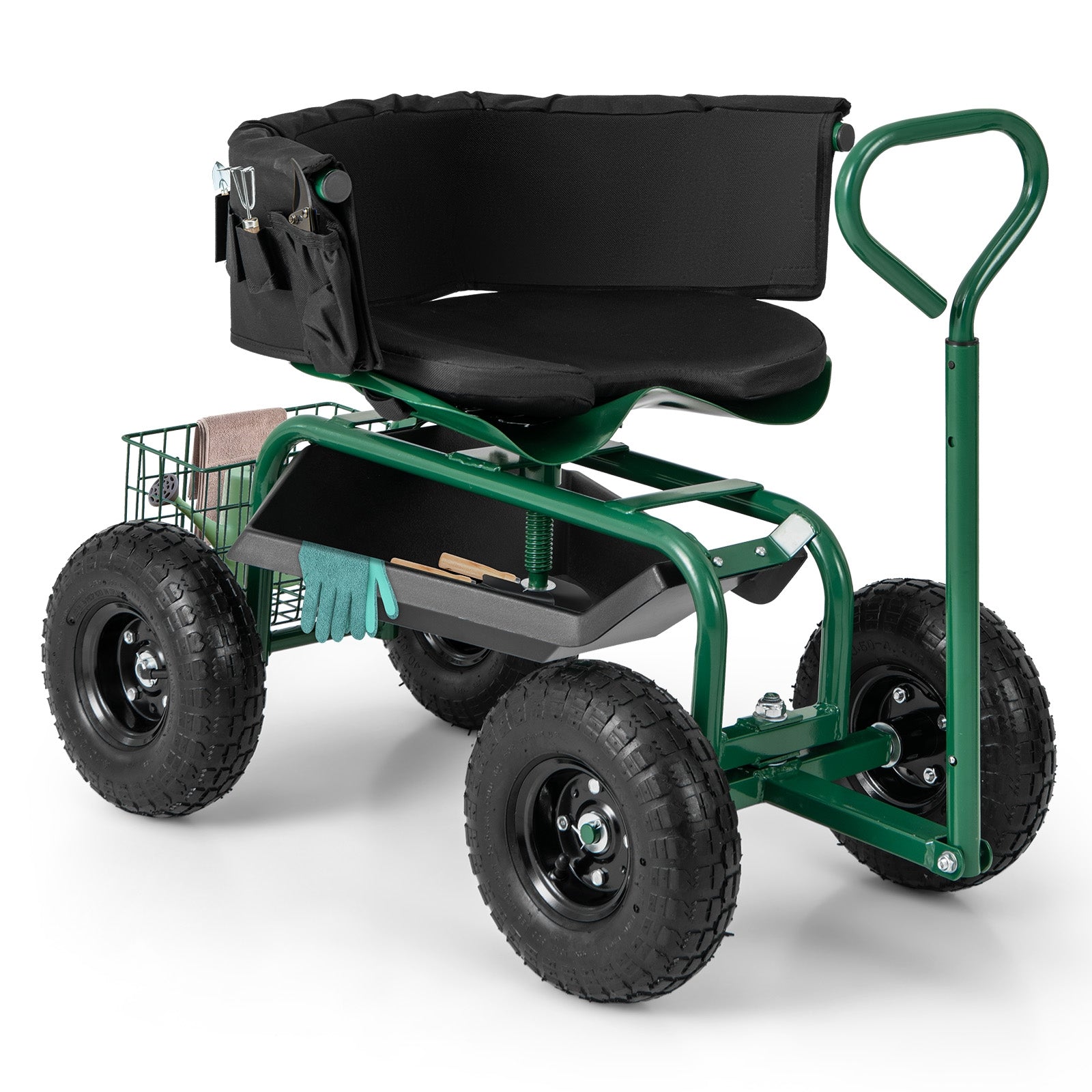 Cushioned Rolling Garden Cart Scooter with Storage Basket and Tool Pouch, Green Garden Carts Green at Gallery Canada