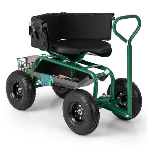 Cushioned Rolling Garden Cart Scooter with Storage Basket and Tool Pouch, Green