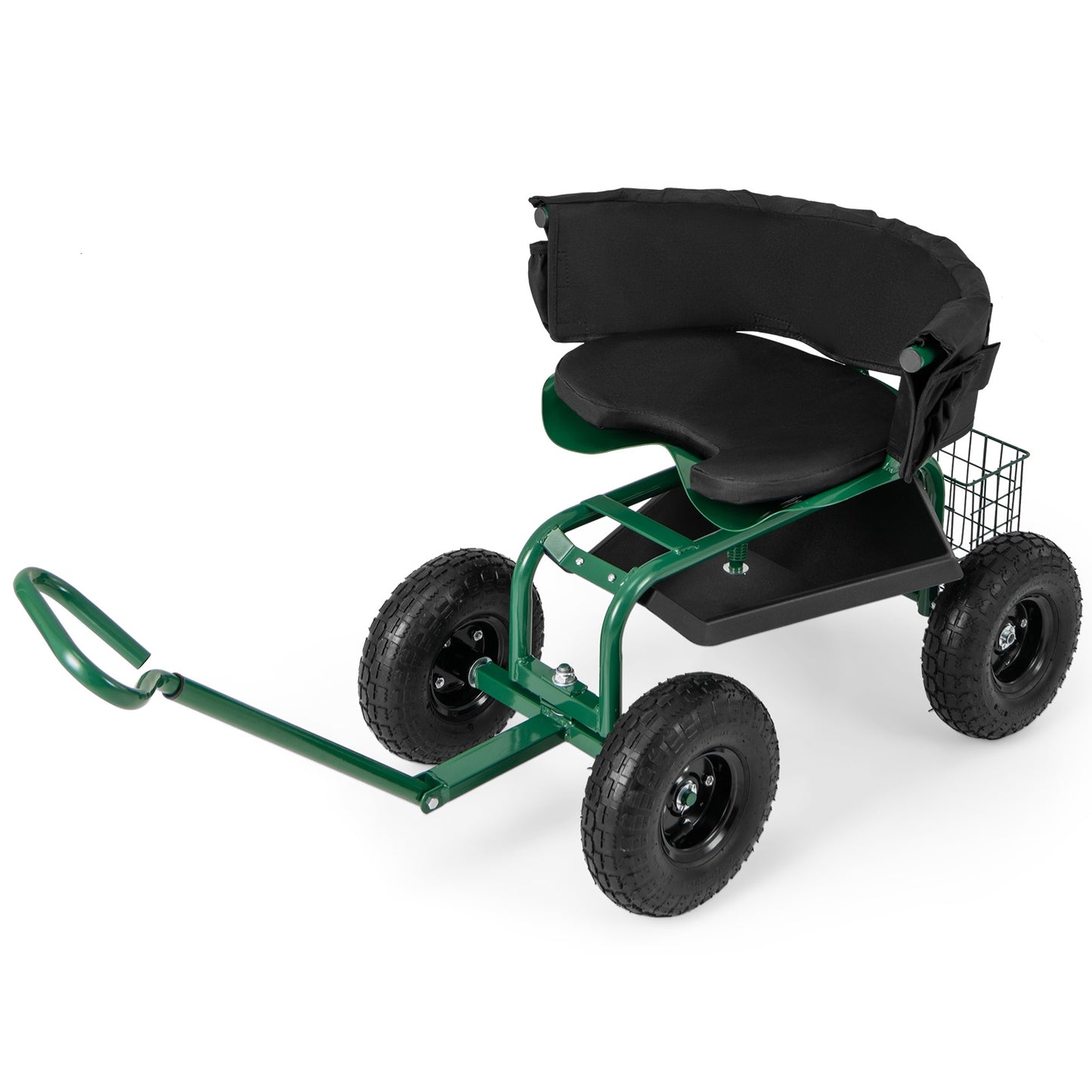 Cushioned Rolling Garden Cart Scooter with Storage Basket and Tool Pouch, Green Garden Carts at Gallery Canada