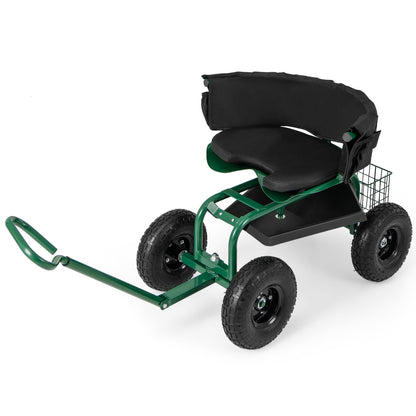 Cushioned Rolling Garden Cart Scooter with Storage Basket and Tool Pouch, Green Garden Carts at Gallery Canada