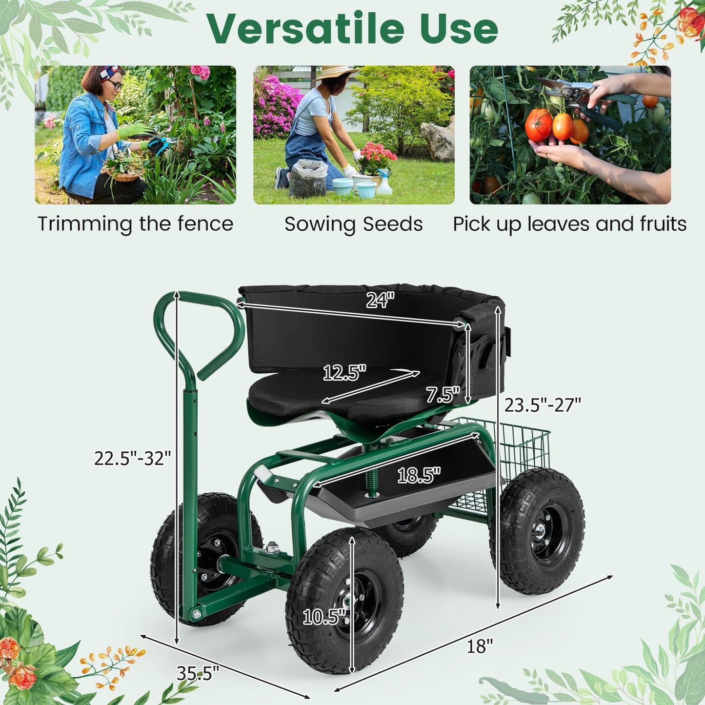 Cushioned Rolling Garden Cart Scooter with Storage Basket and Tool Pouch, Green Garden Carts at Gallery Canada
