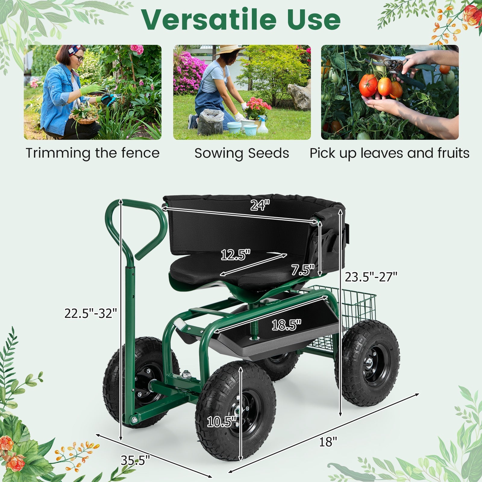 Cushioned Rolling Garden Cart Scooter with Storage Basket and Tool Pouch, Green Garden Carts at Gallery Canada