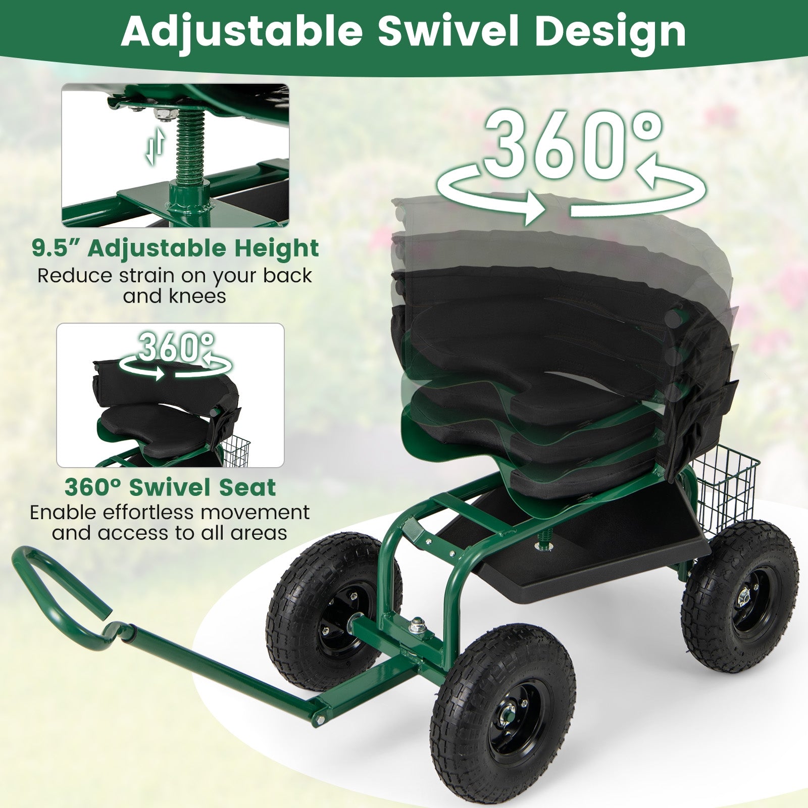 Cushioned Rolling Garden Cart Scooter with Storage Basket and Tool Pouch, Green Garden Carts at Gallery Canada