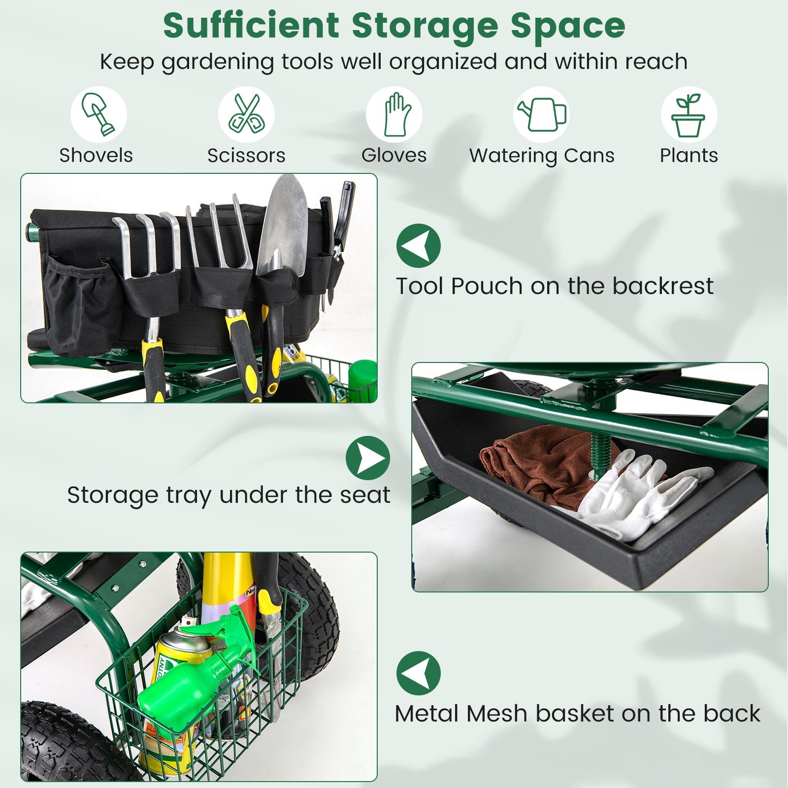Cushioned Rolling Garden Cart Scooter with Storage Basket and Tool Pouch, Green Garden Carts at Gallery Canada