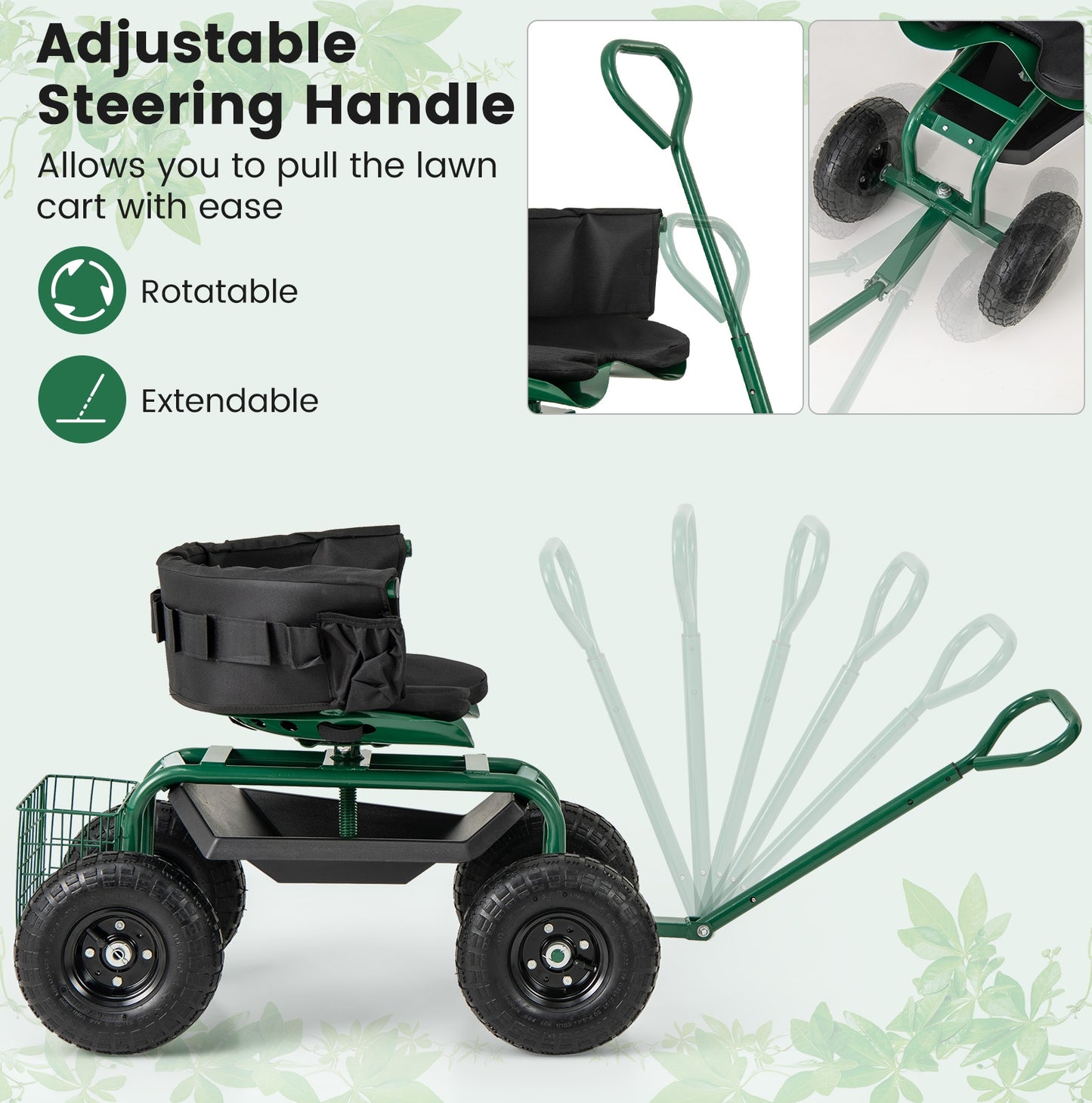 Cushioned Rolling Garden Cart Scooter with Storage Basket and Tool Pouch, Green Garden Carts at Gallery Canada