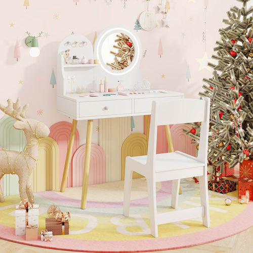 Kids Princess Makeup Desk And Chair Set With Mirror, Lights, White