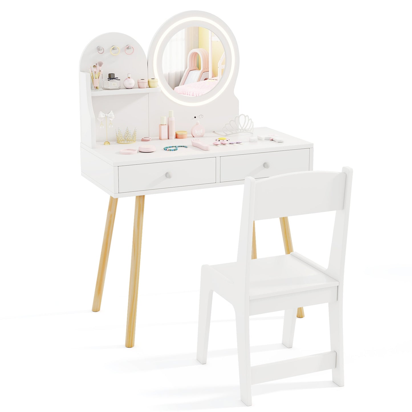 Kids Princess Makeup Desk And Chair Set With Mirror, Lights, White Kids Table & Chair Sets at Gallery Canada
