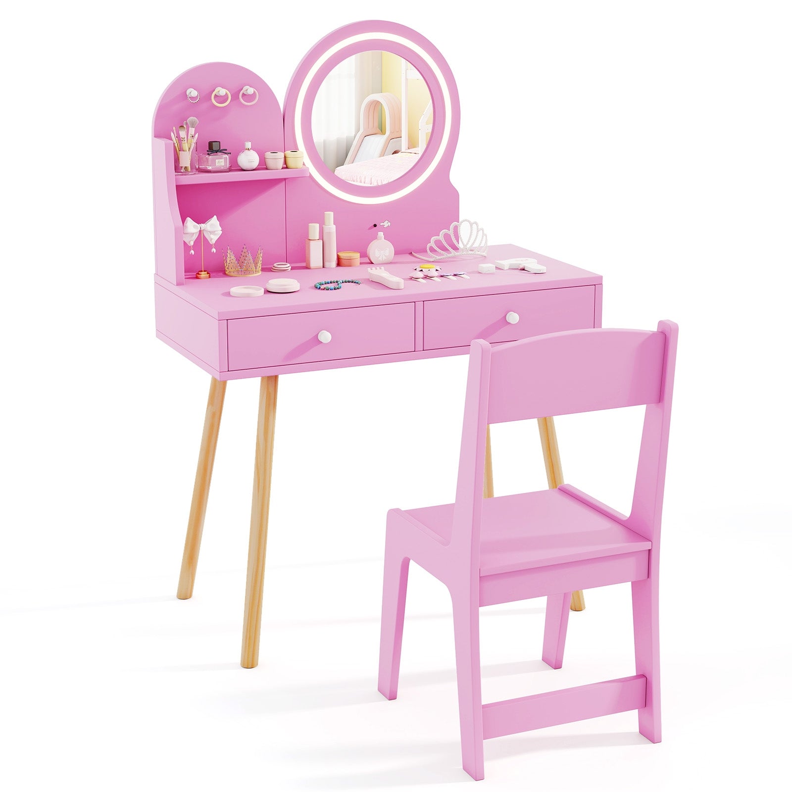 Kids Princess Makeup Desk And Chair Set With Mirror, Lights, Pink Kids Table & Chair Sets at Gallery Canada