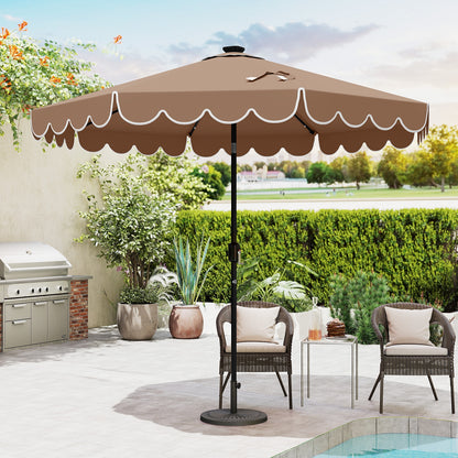 9.3 Feet Solar Patio Umbrella with 24 LED Lights Vented Top and Ruffles, Coffee Outdoor Umbrellas at Gallery Canada