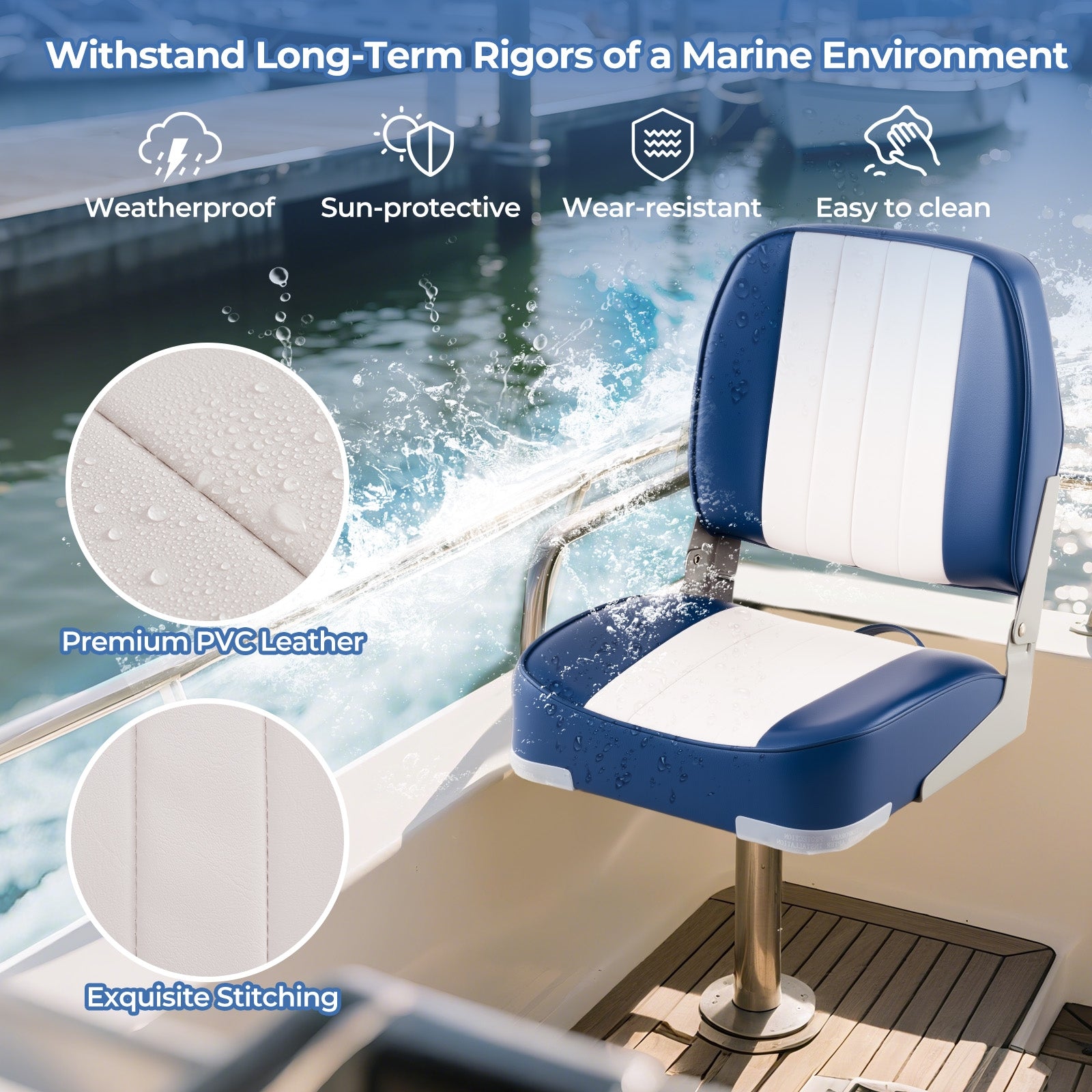2-Pack Boat Seats Folding Low Back Boat Chairs Waterproof PVC Leather Cabin Seating, Blue Surfing at Gallery Canada