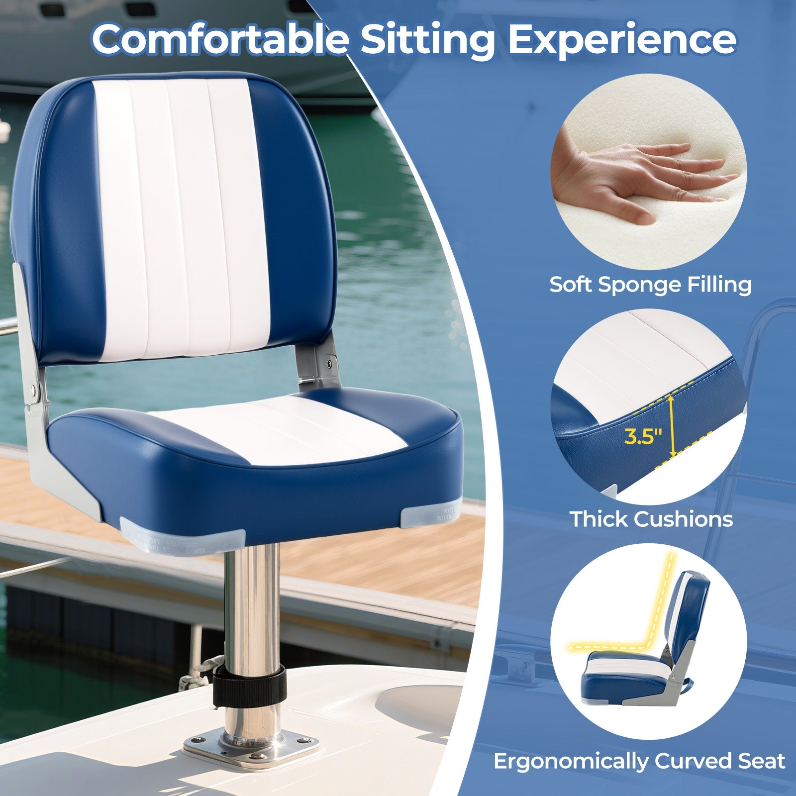 2-Pack Boat Seats Folding Low Back Boat Chairs Waterproof PVC Leather Cabin Seating, Blue Surfing at Gallery Canada