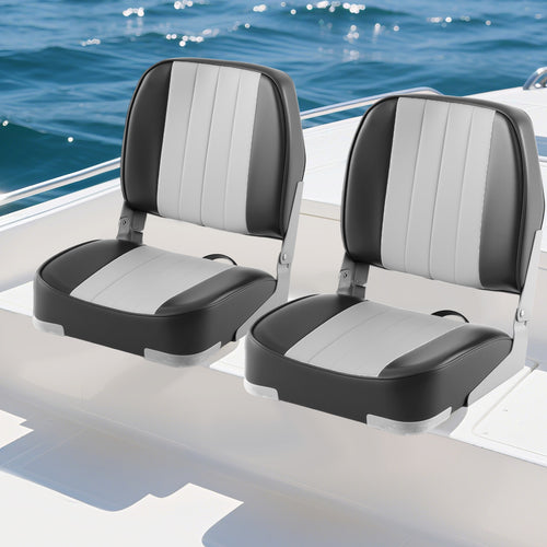 2-Pack Boat Seats Folding Low Back Boat Chairs Waterproof PVC Leather Cabin Seating, Gray