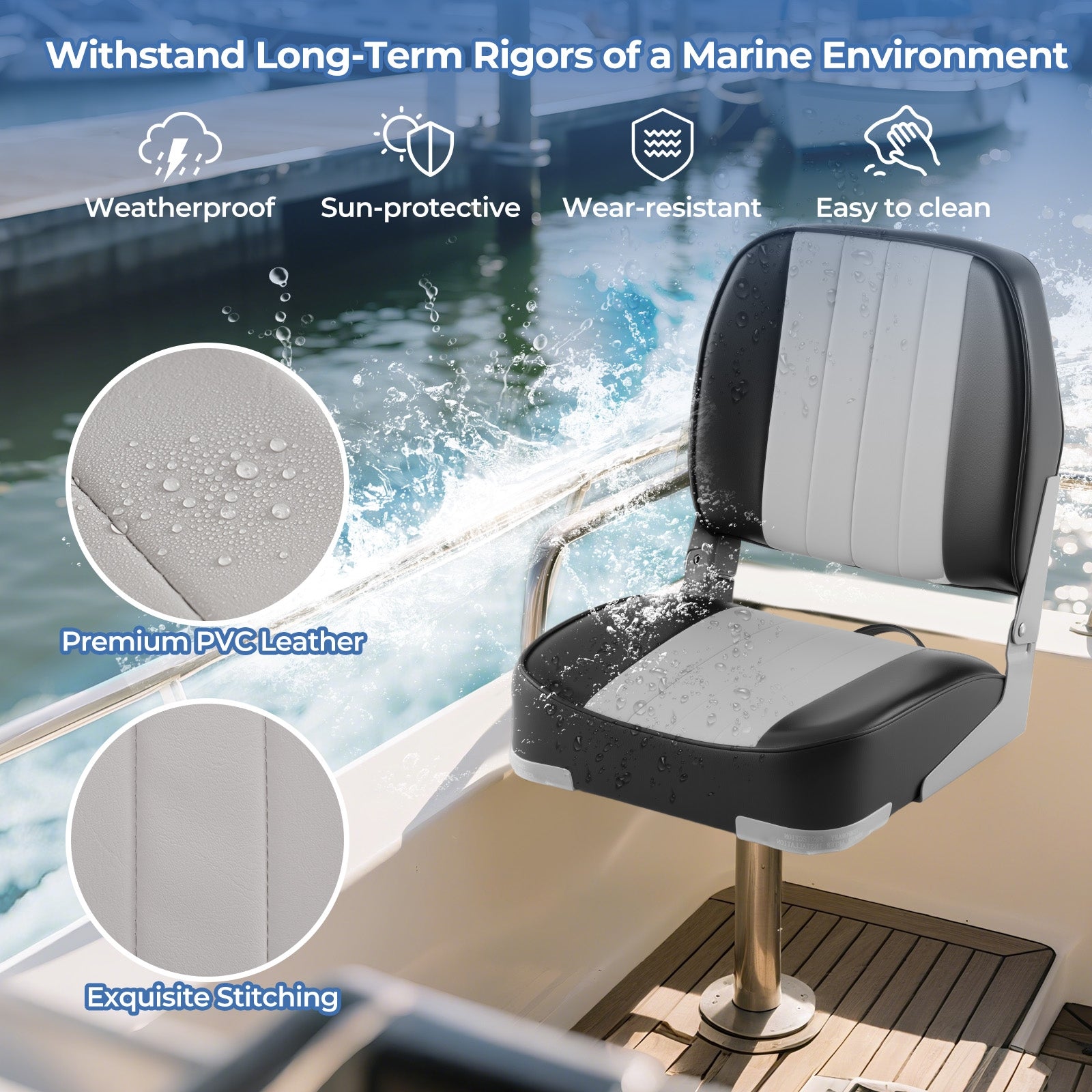 2-Pack Boat Seats Folding Low Back Boat Chairs Waterproof PVC Leather Cabin Seating, Gray Surfing at Gallery Canada