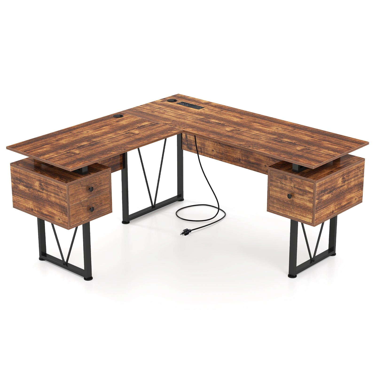 L-Shaped Computer Desk, 3 Storage Drawers, Power Outlets, Rustic Brown Computer Desks at Gallery Canada