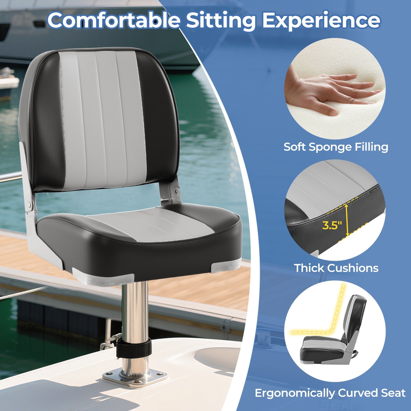 2-Pack Boat Seats Folding Low Back Boat Chairs Waterproof PVC Leather Cabin Seating, Gray Surfing at Gallery Canada