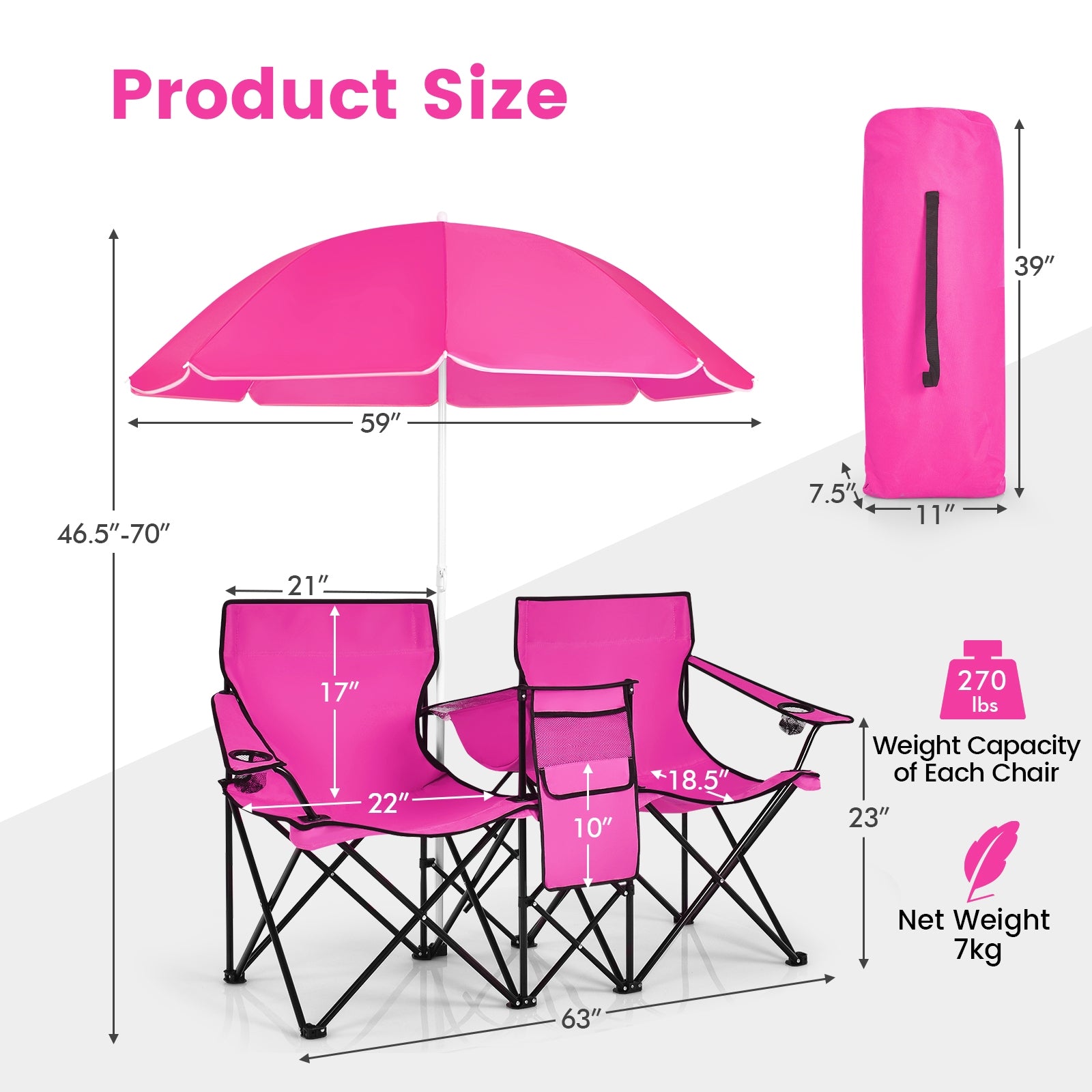 Portable Folding Picnic Double Chair With Removable Umbrella, Pink Camping Furniture at Gallery Canada