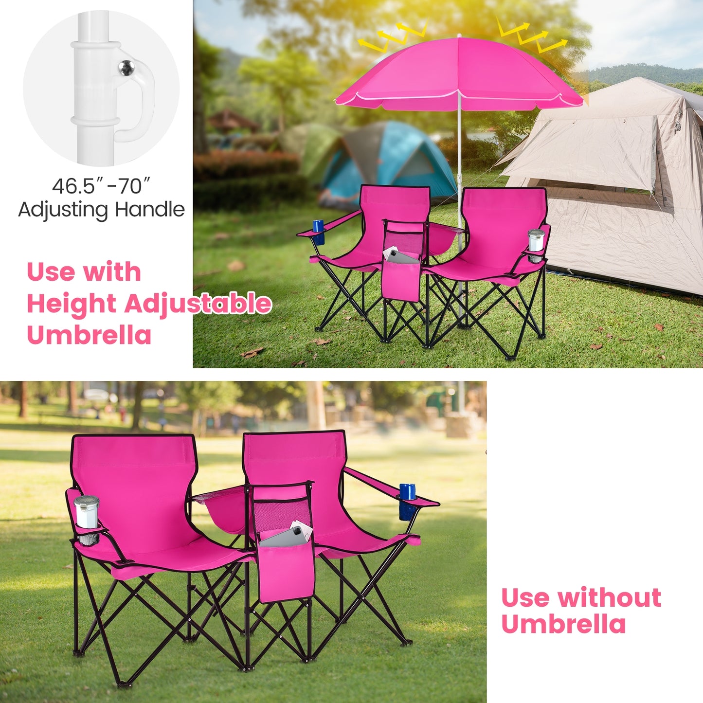 Portable Folding Picnic Double Chair With Removable Umbrella, Pink Camping Furniture at Gallery Canada