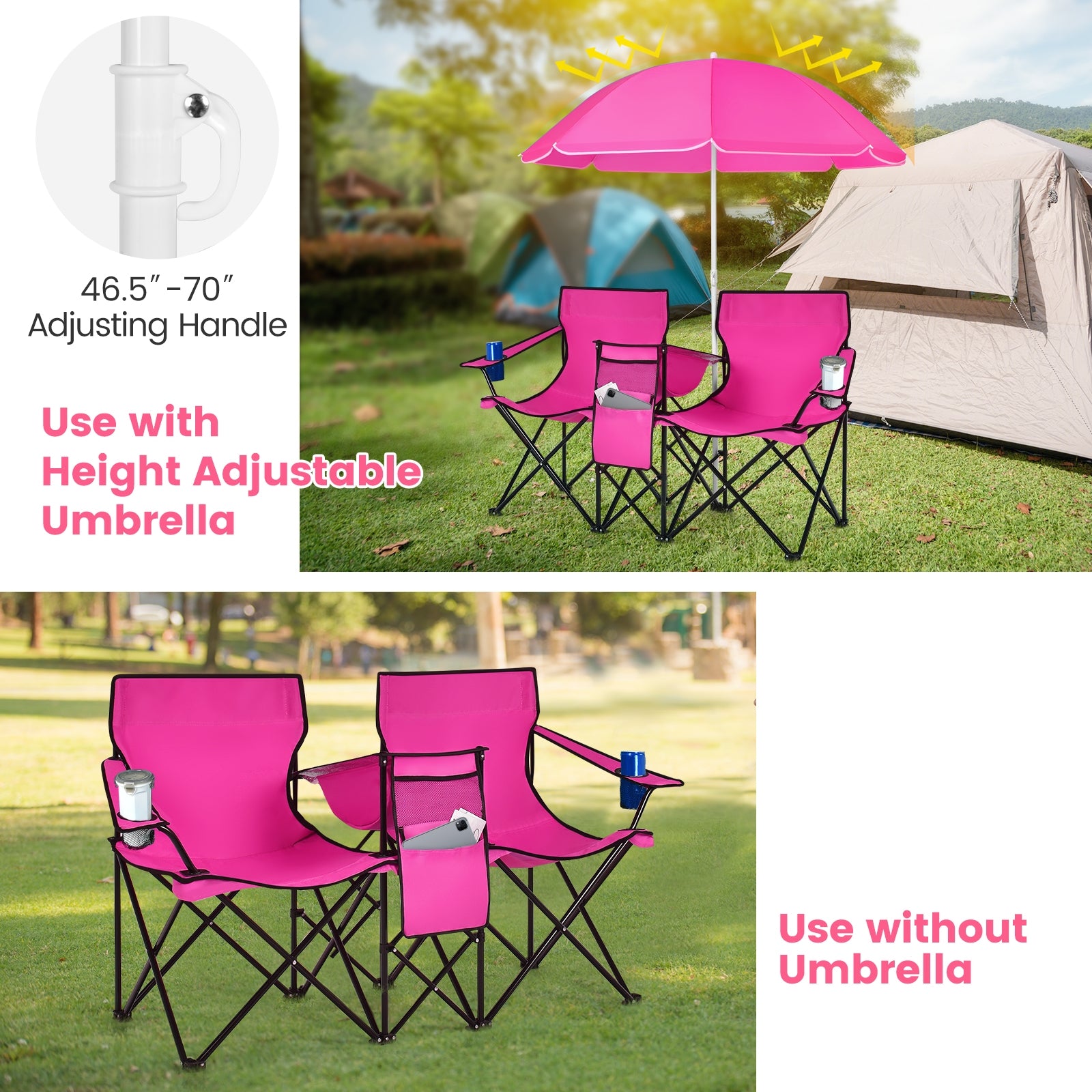 Portable Folding Picnic Double Chair With Removable Umbrella, Pink Camping Furniture at Gallery Canada