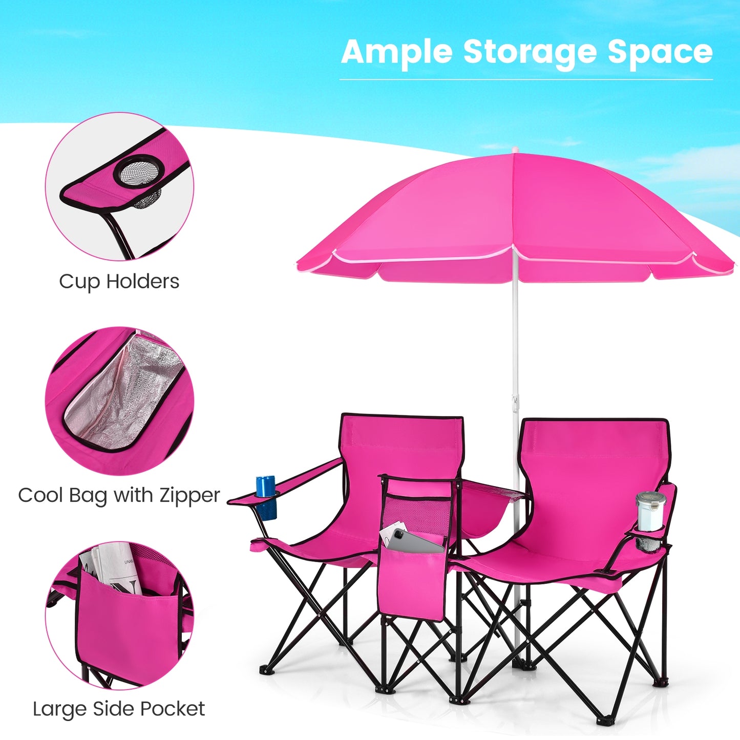 Portable Folding Picnic Double Chair With Removable Umbrella, Pink Camping Furniture at Gallery Canada