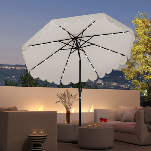 9.3 Feet Solar Patio Umbrella, 24 LED Lights, Vented Top, Ruffles, Beige
