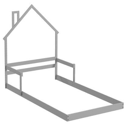 Twin Size Floor Bed, With Chimney, Headboard, Handrail, Gray