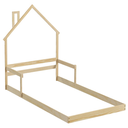 Twin Size Floor Bed with Chimney and Headboard and Handrail, Natural Toddler Beds at Gallery Canada