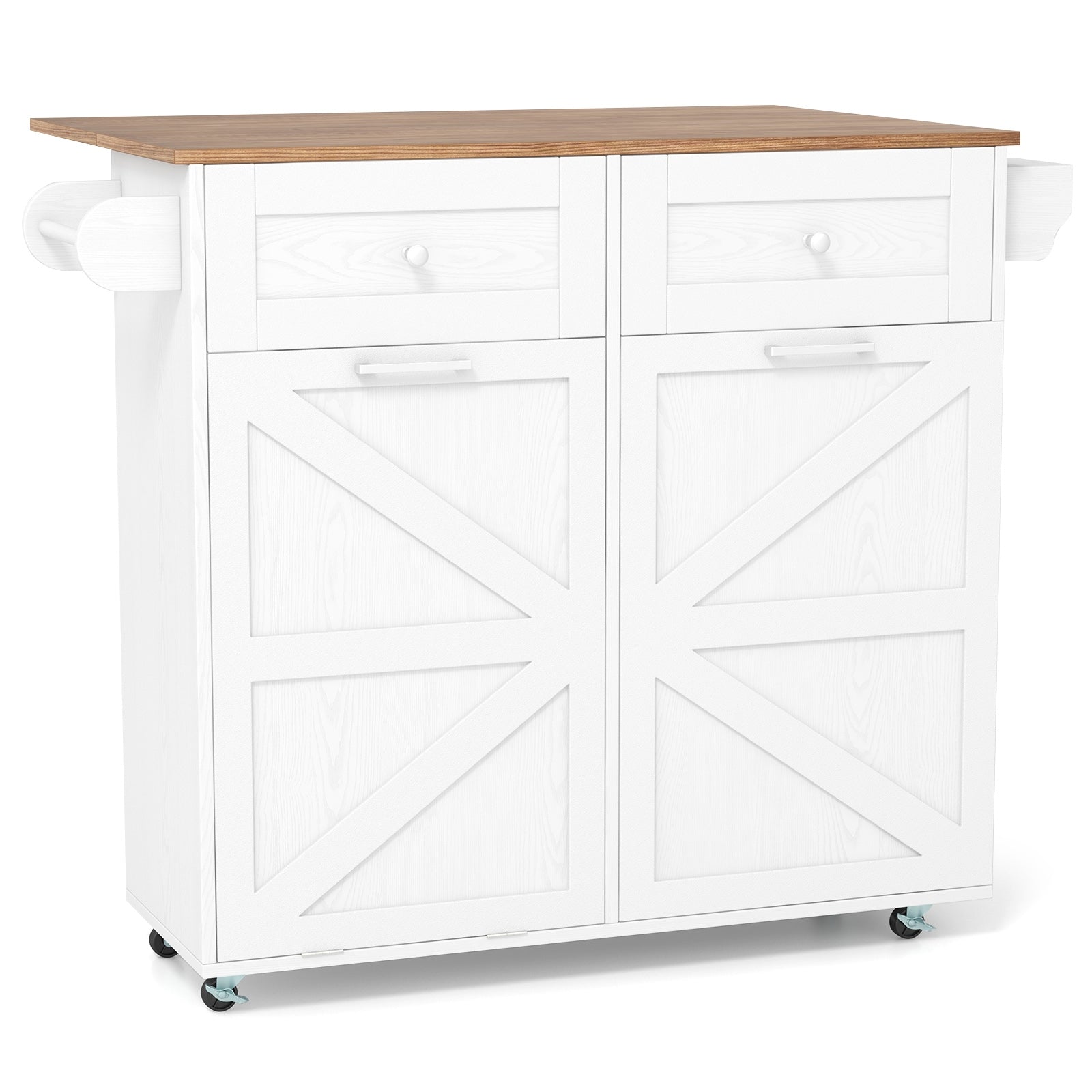 Rolling Kitchen Island with Trash Can Cabinet and Rubber Universal Wheels, White Kitchen Islands & Carts at Gallery Canada