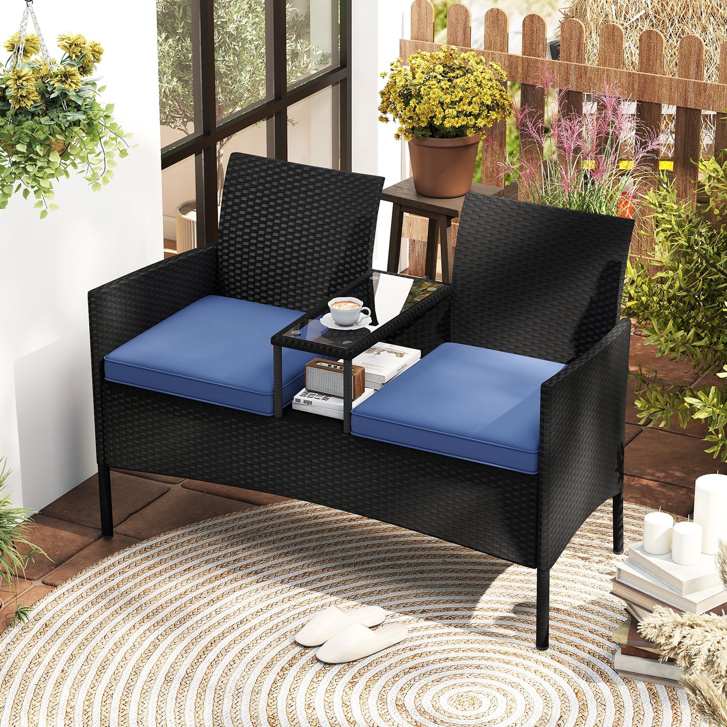 Patio Loveseat with Built-in Table for Backyard Porch, Navy Patio Conversation Sets at Gallery Canada