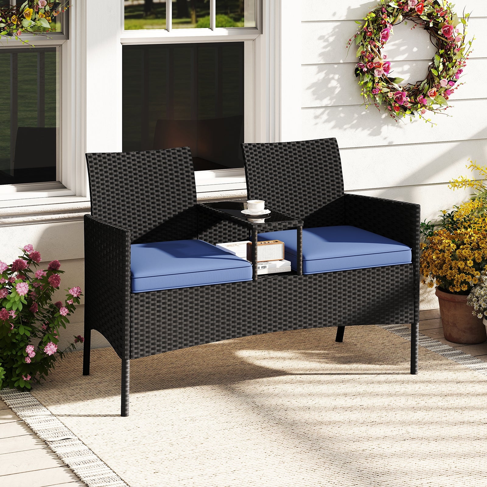 Patio Loveseat with Built-in Table for Backyard Porch, Navy Patio Conversation Sets at Gallery Canada