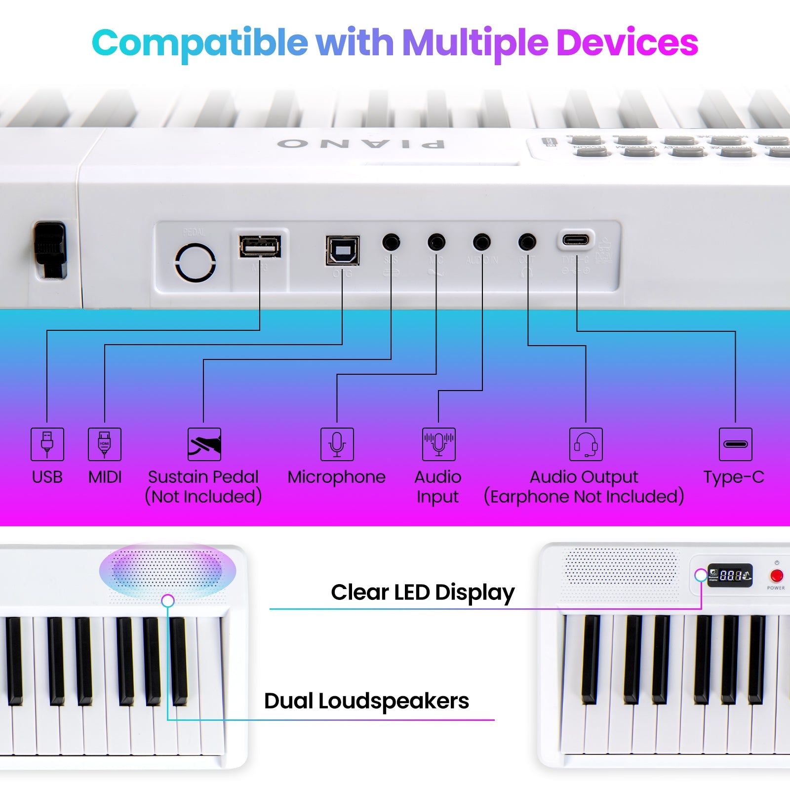88 Key Foldable Electric Keyboard Piano with Wireless MIDI and Dual Speakers, White Pianos & Keyboards at Gallery Canada