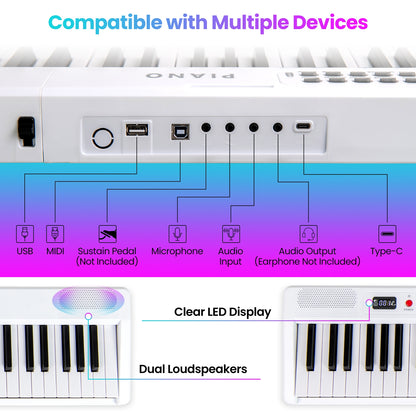 88 Key Foldable Electric Keyboard Piano with Wireless MIDI and Dual Speakers, White Pianos & Keyboards at Gallery Canada