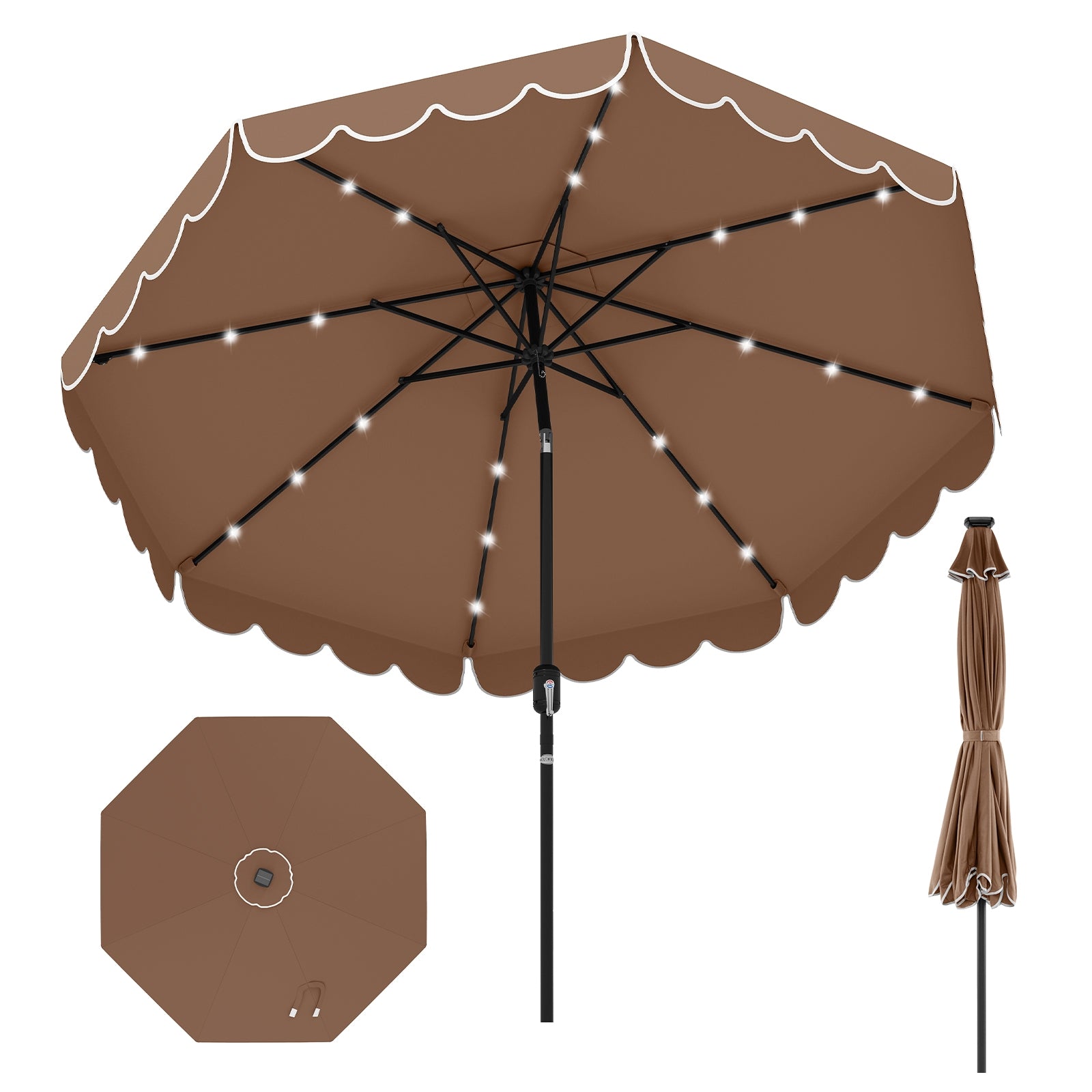 9.3 Feet Solar Patio Umbrella with 24 LED Lights Vented Top and Ruffles, Coffee Outdoor Umbrellas at Gallery Canada