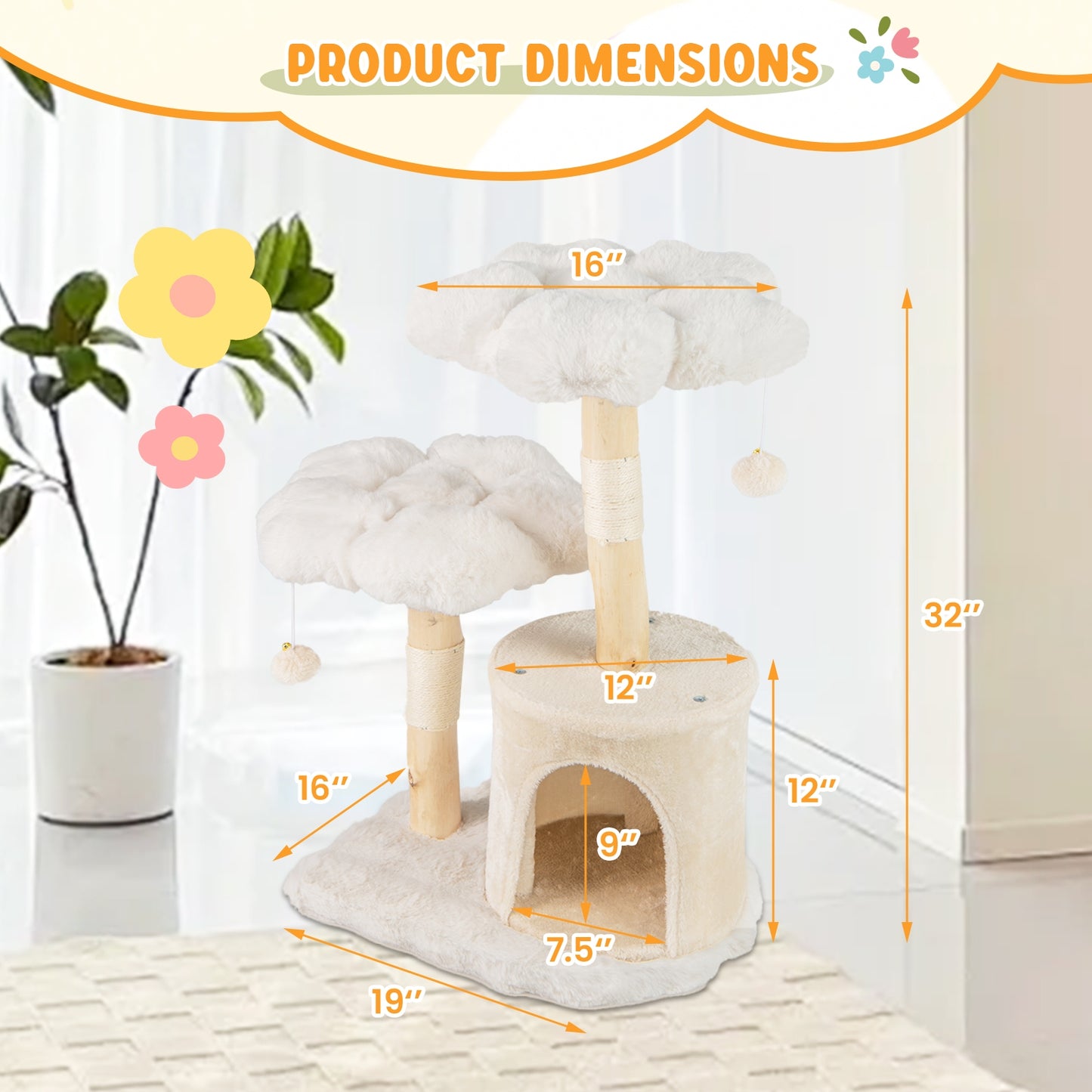 Cute Solid Wood Cat Tree Natural Branch Modern Flower Cat Tower with Sisal Scratching Posts, Beige Cat Trees Condos & Scratchers at Gallery Canada