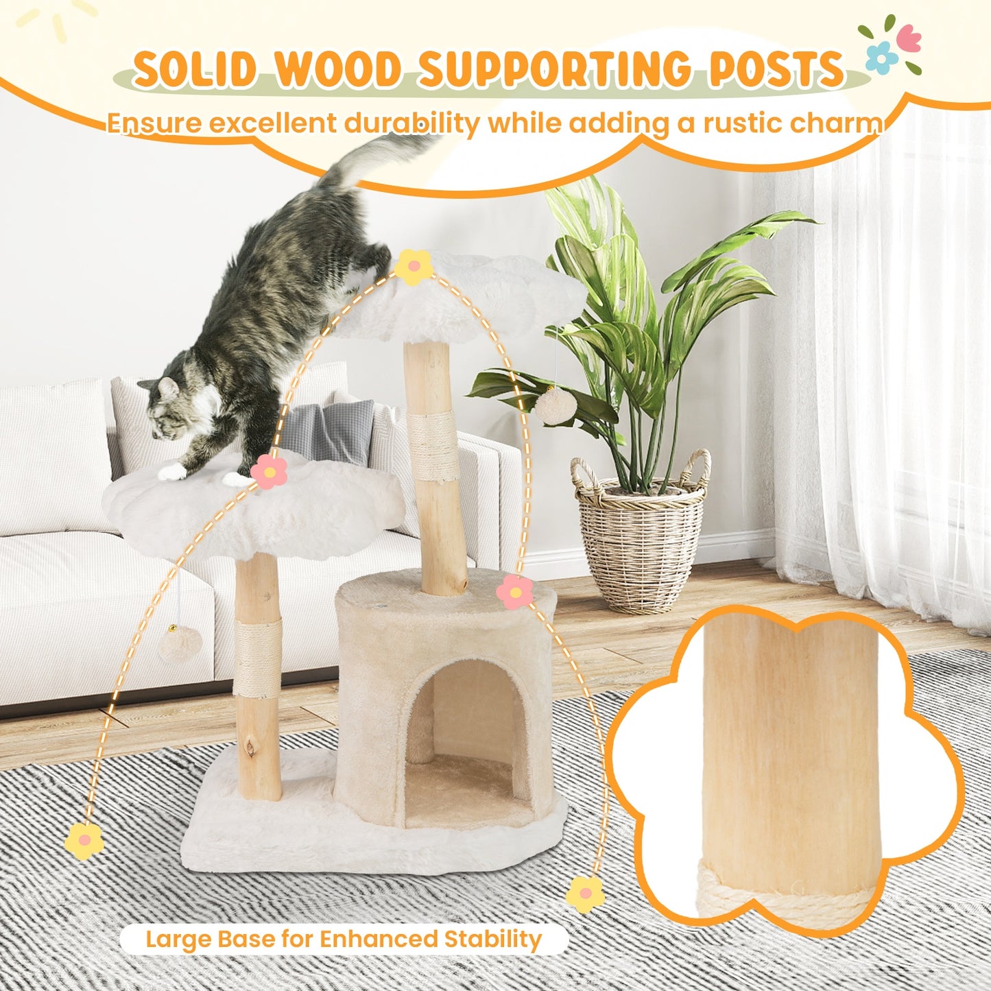 Cute Solid Wood Cat Tree Natural Branch Modern Flower Cat Tower with Sisal Scratching Posts, Beige Cat Trees Condos & Scratchers at Gallery Canada