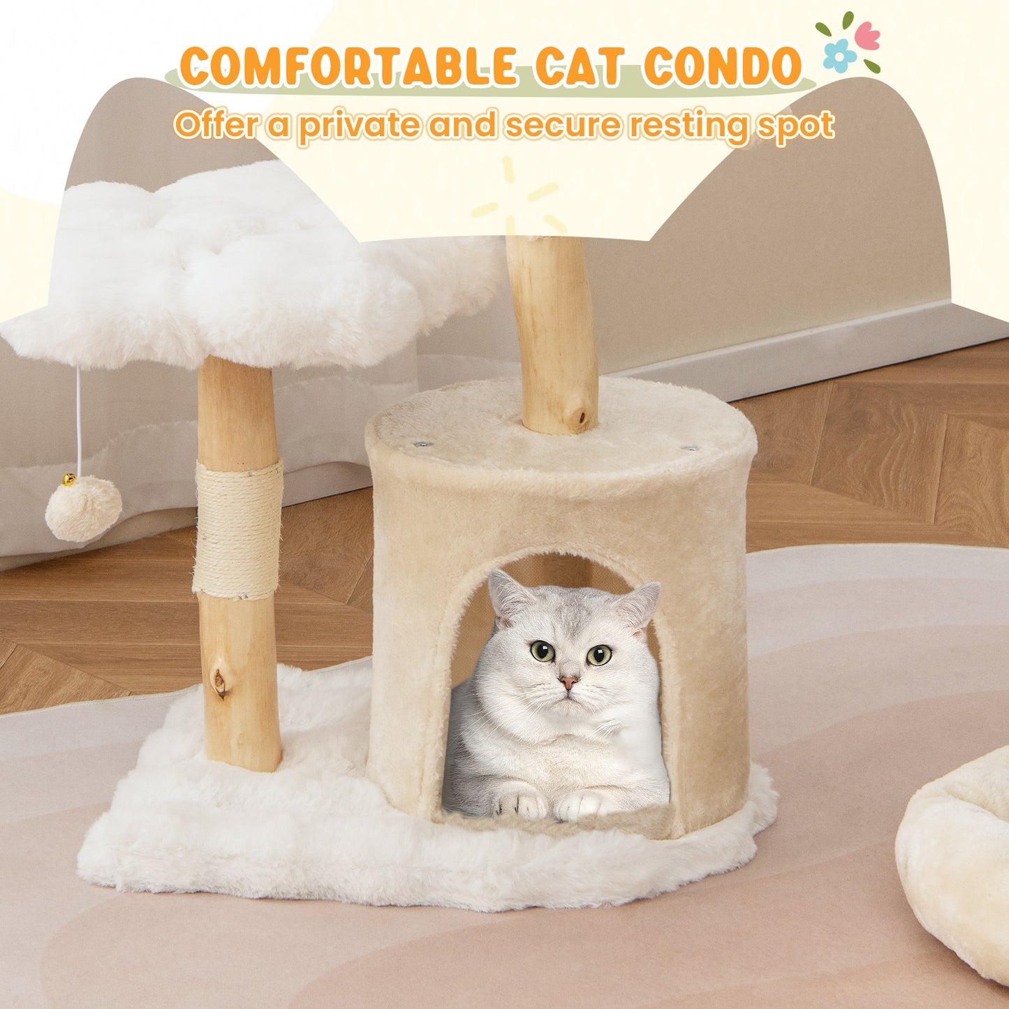 Cute Solid Wood Cat Tree Natural Branch Modern Flower Cat Tower with Sisal Scratching Posts, Beige Cat Trees Condos & Scratchers at Gallery Canada