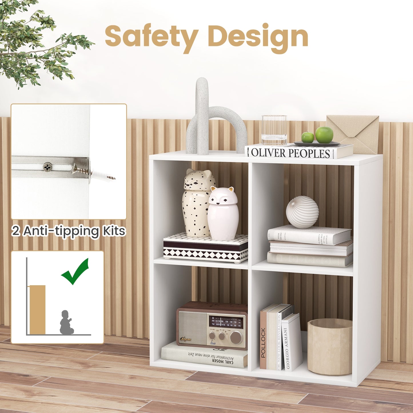 4 Cube Bookshelf with Back Guardrail for Living Room Bedroom, White Bookcases at Gallery Canada